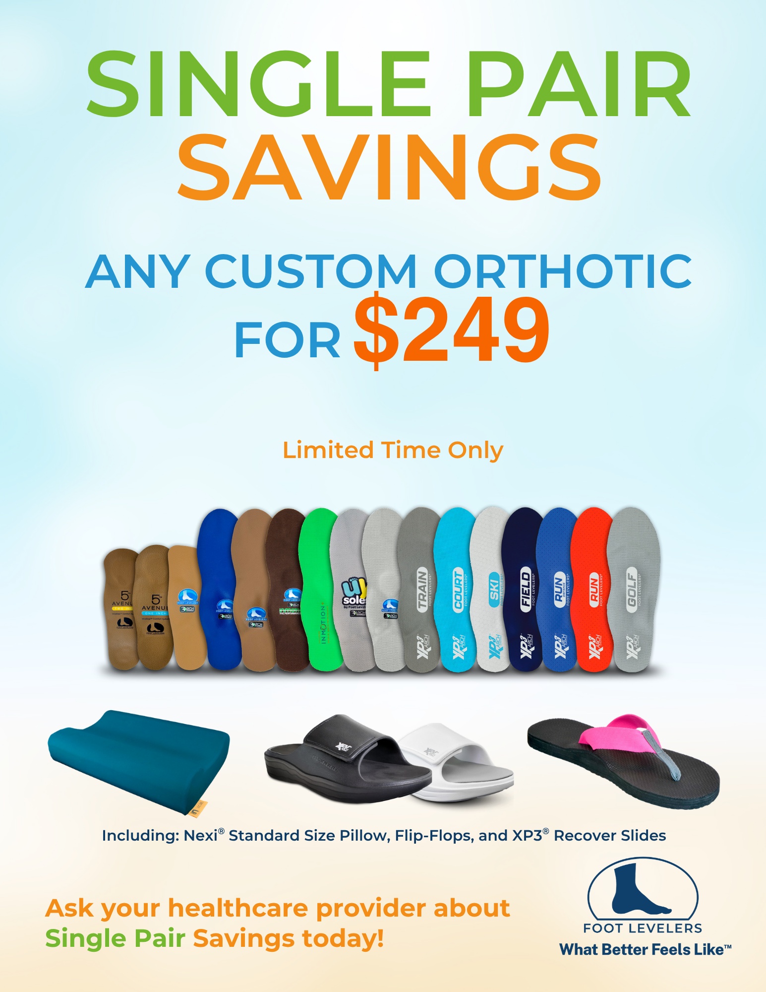 Foot Levelers Single Pair Savings flyer - any custom orthotic for $249