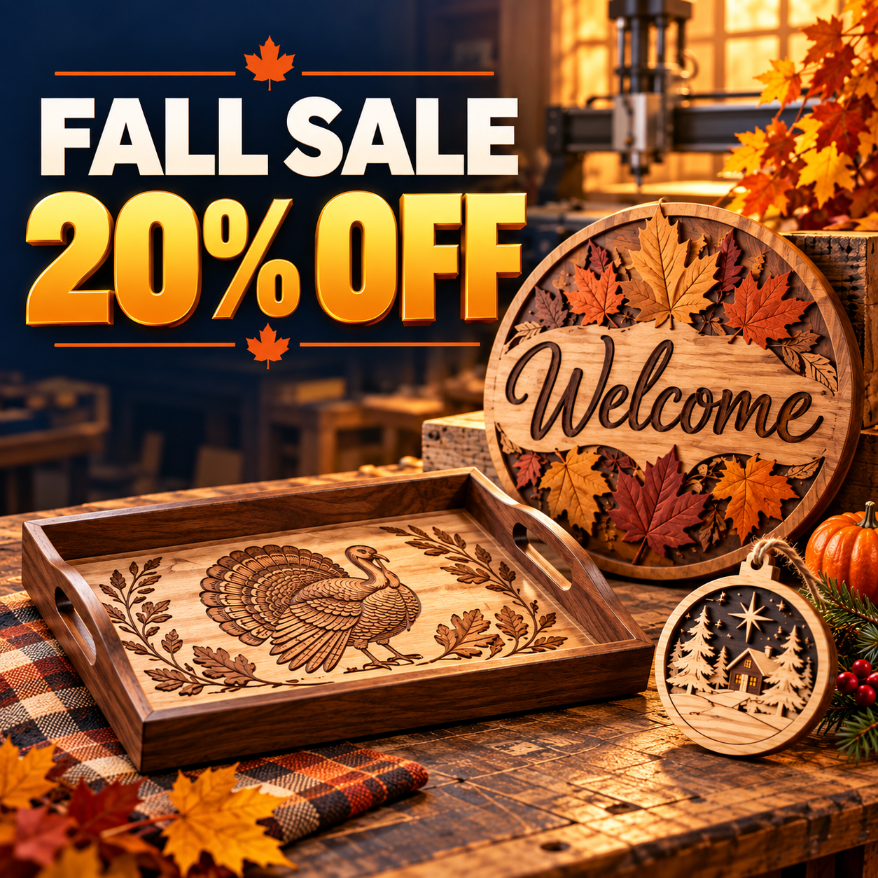 Fall Sale: save 20 percent, shown with fall and holiday CNC projects