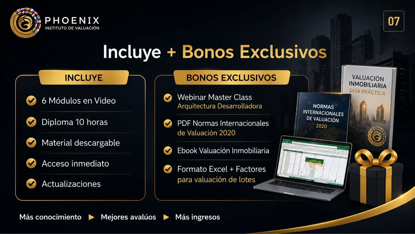 El curso incluye seis módulos, diploma, material descargable, acceso inmediato, actualizaciones y bonos exclusivos