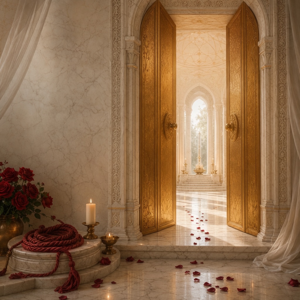 Golden doors opening into a luminous temple