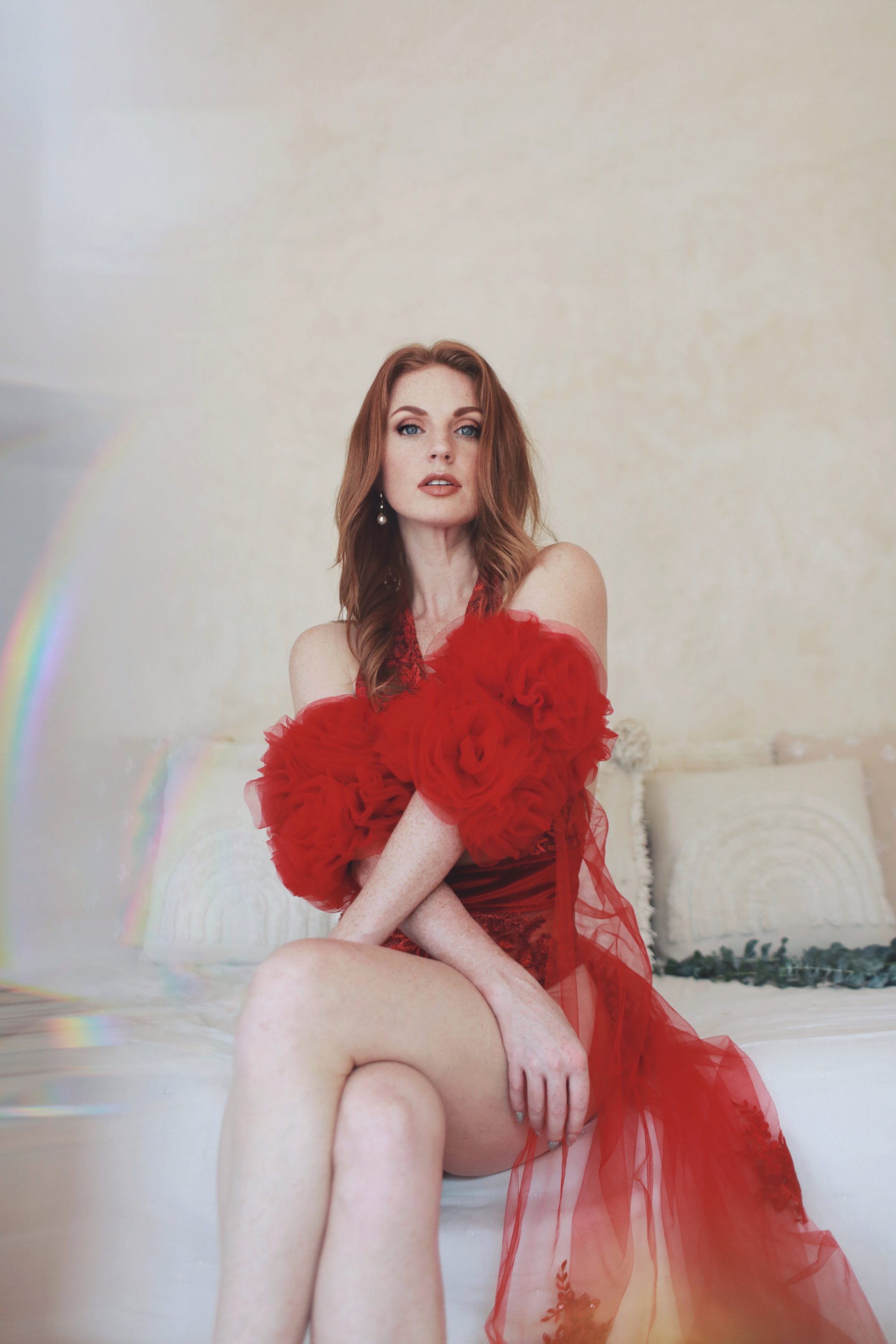 Michelle Pound wearing a red floral dress