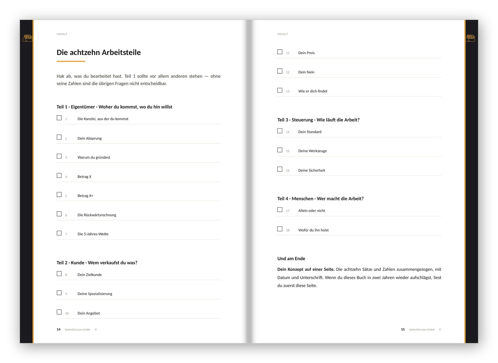 Arbeitsbuch — Seite 14/15 — die achtzehn Arbeitsteile zum Abhaken