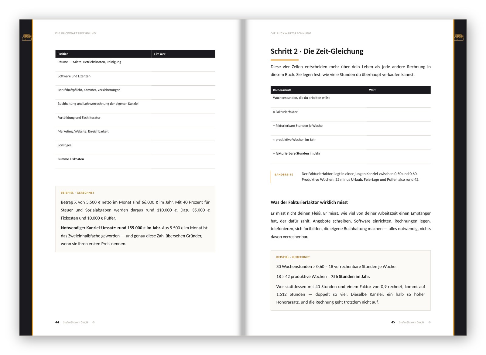 Arbeitsbuch — Seite 44/45 — die Rückwärtsrechnung, durchgerechnet