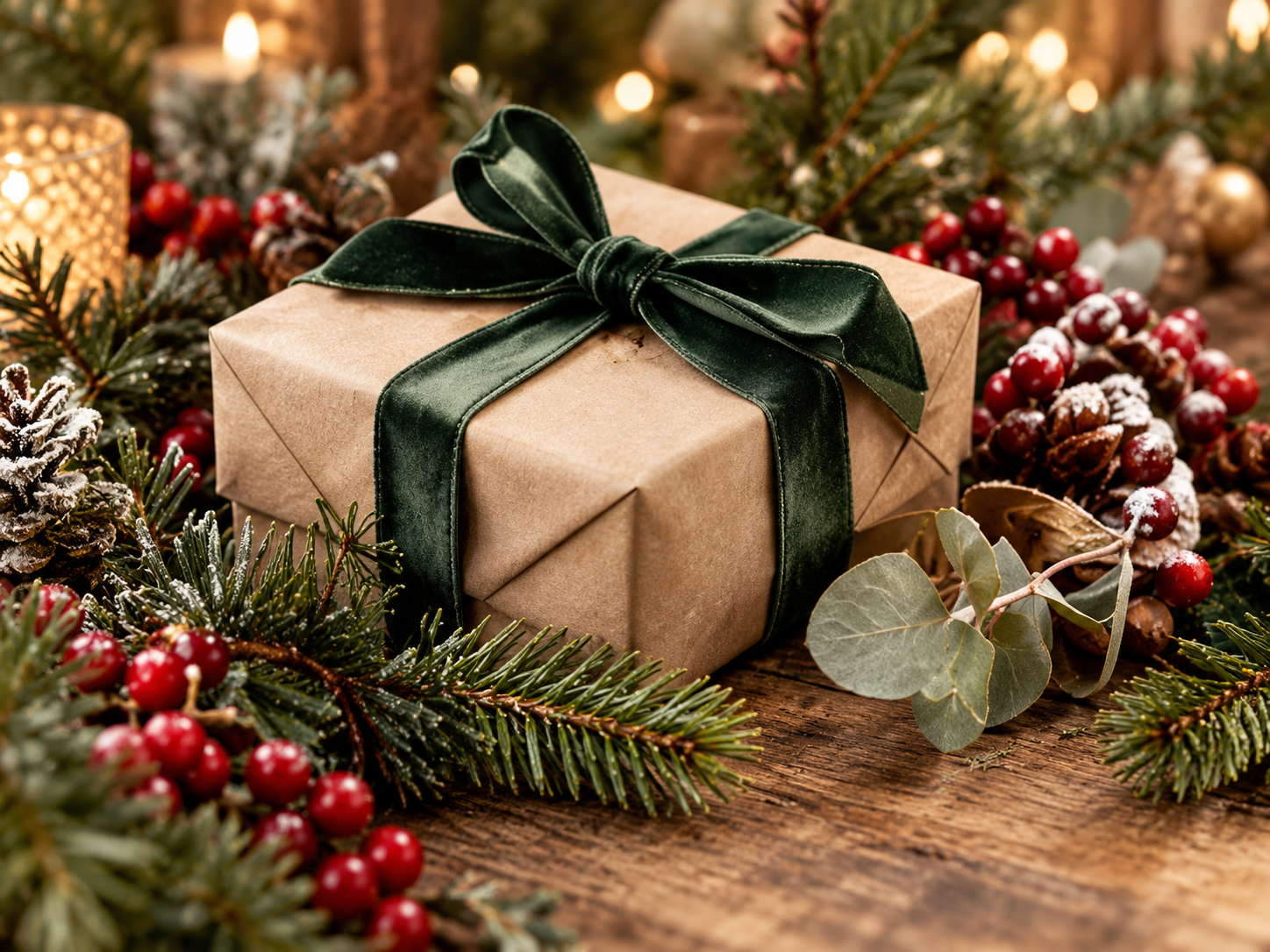 Holiday gift wrapped with evergreen ribbon