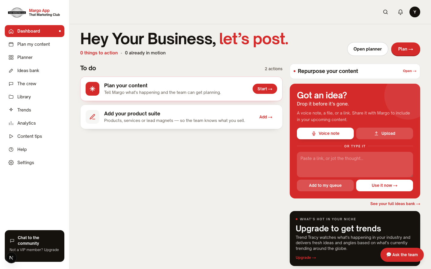 The Margo app dashboard — planner, ideas bank, the crew, trends and analytics