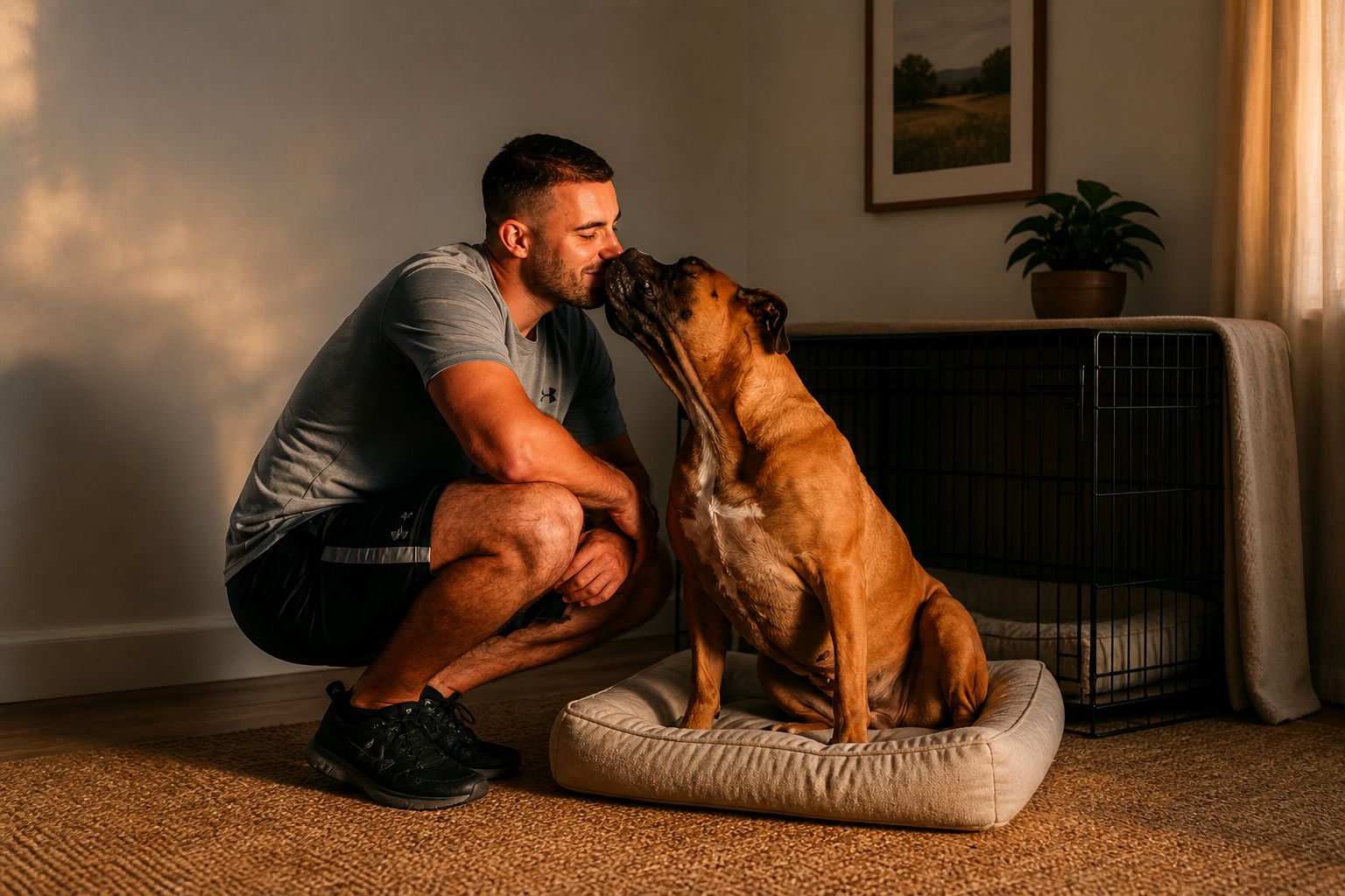 Dog training with calm settled dog and crate