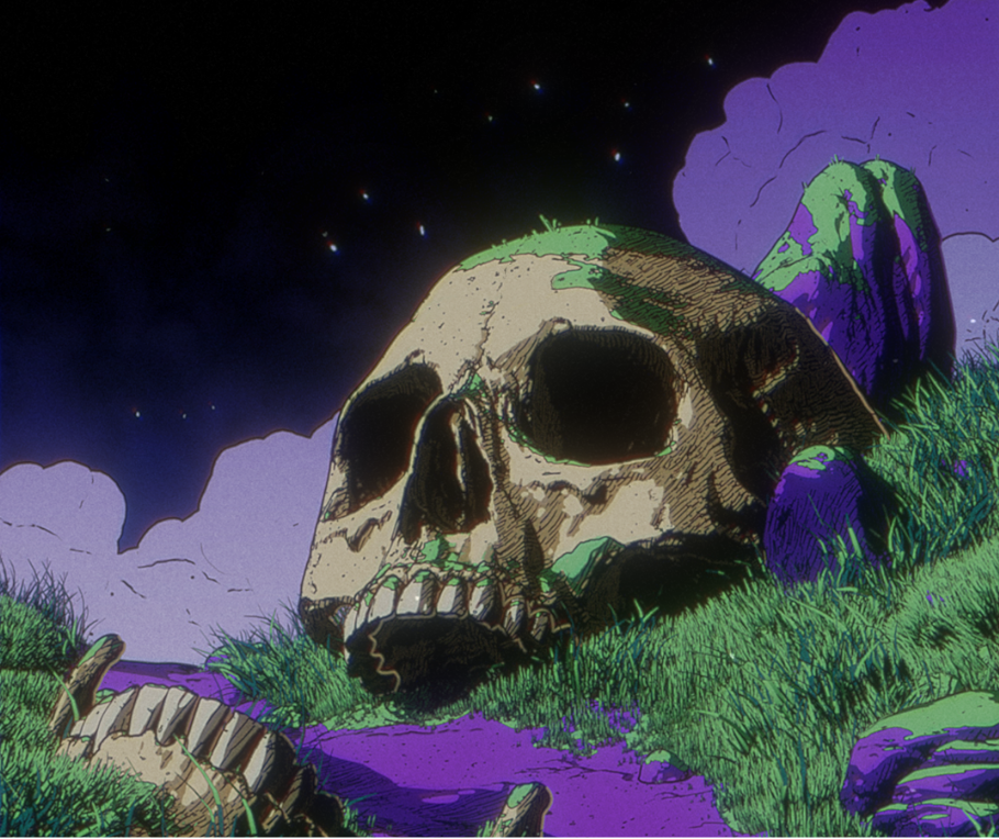 Stylized skull on a grassy hill under a purple night sky