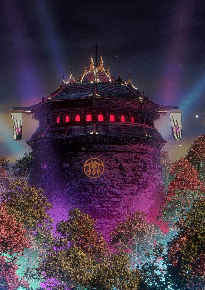 Glowing fantasy tower at night