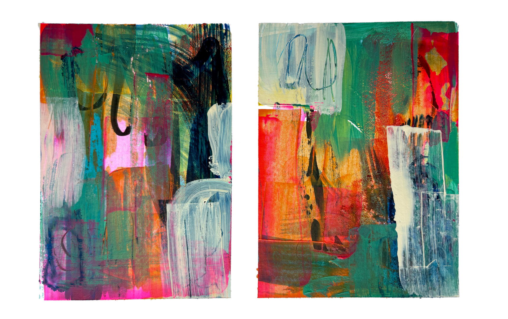 Two abstract painted panels in pink, green and orange