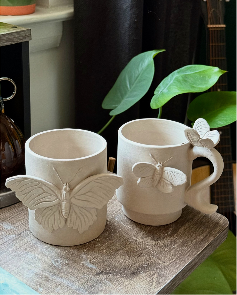 Unfired moth and insect mugs by Leafbug Studio