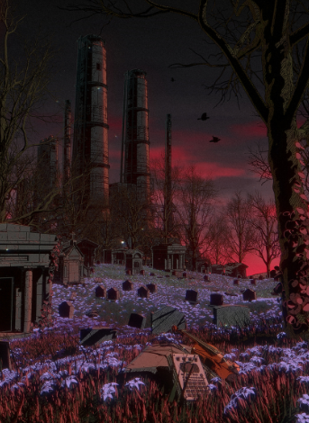 Ruined towers over a graveyard at a red dusk