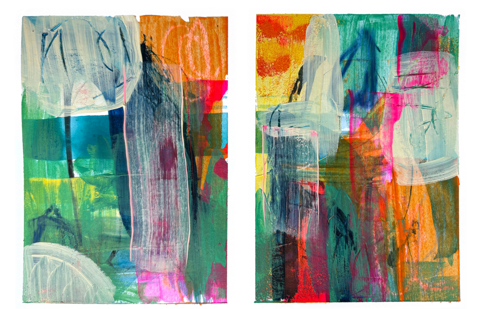 Two abstract painted panels in teal, orange and pink