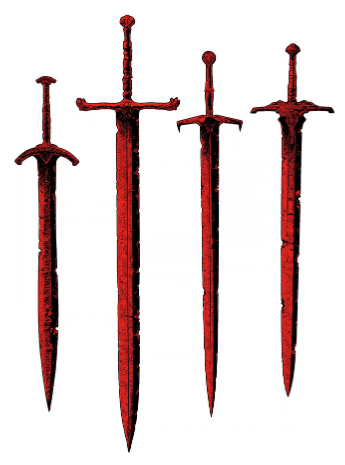 Four red stylized swords on white