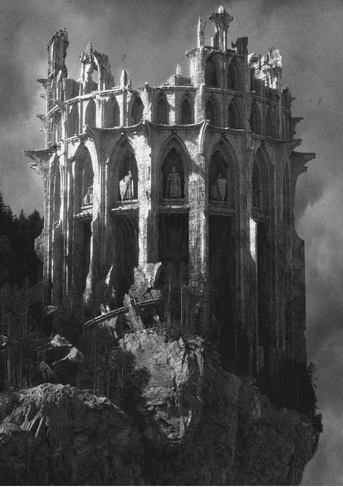 Black and white gothic ruin concept art