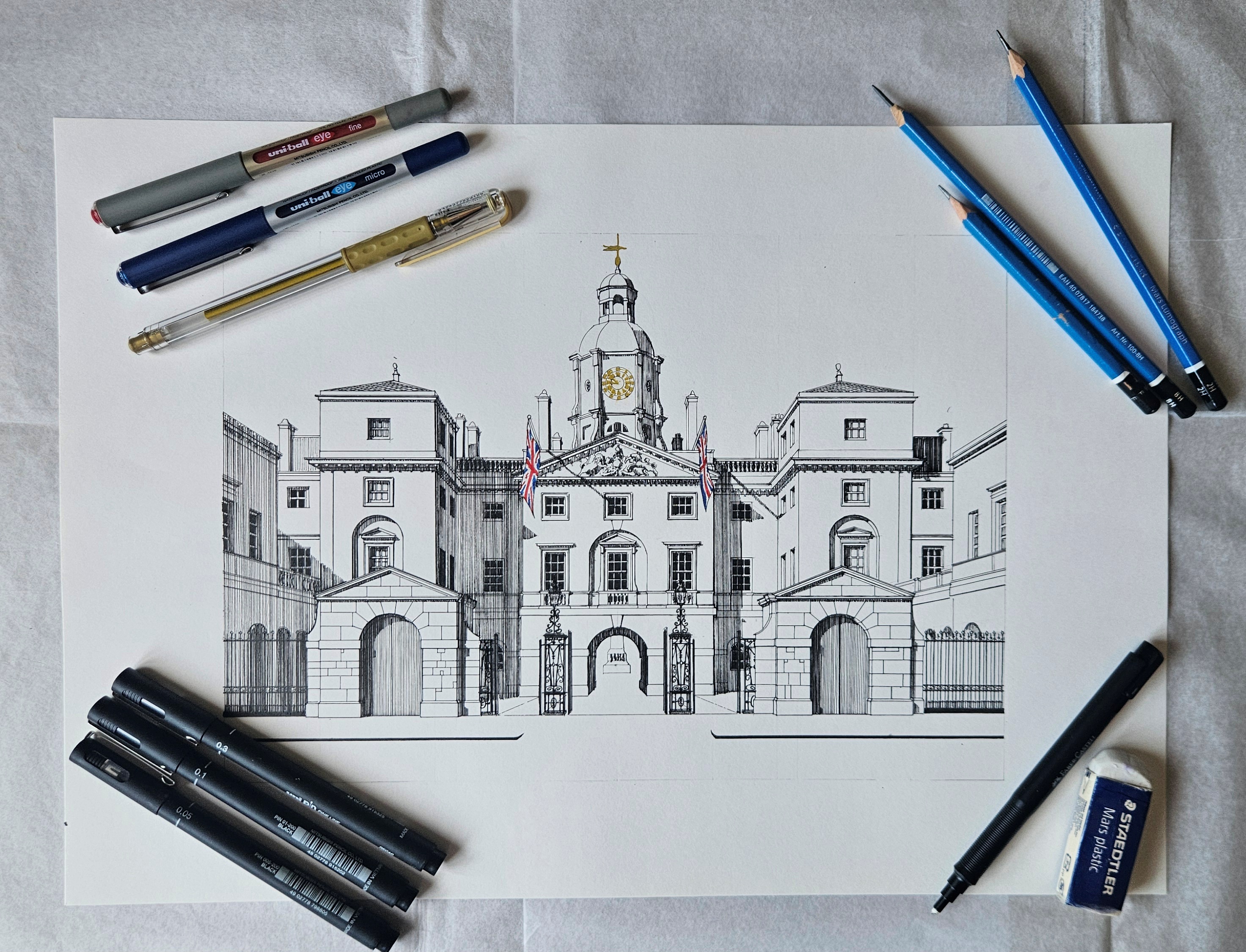 Horse Guards pen and ink drawing with drawing tools by Max Kerly