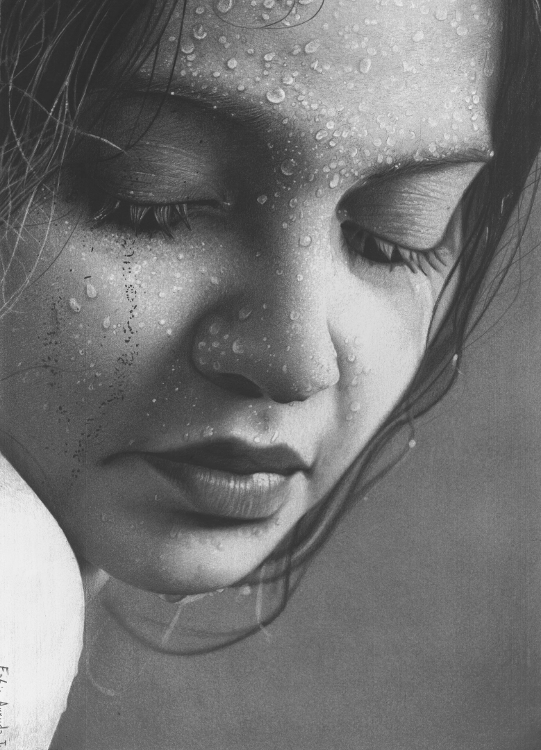 Water droplets portrait by Fabio Arruda: graphite drawing of a woman with water drops on her face