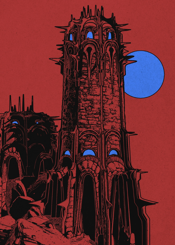 Red toon-shaded tower on a cliff