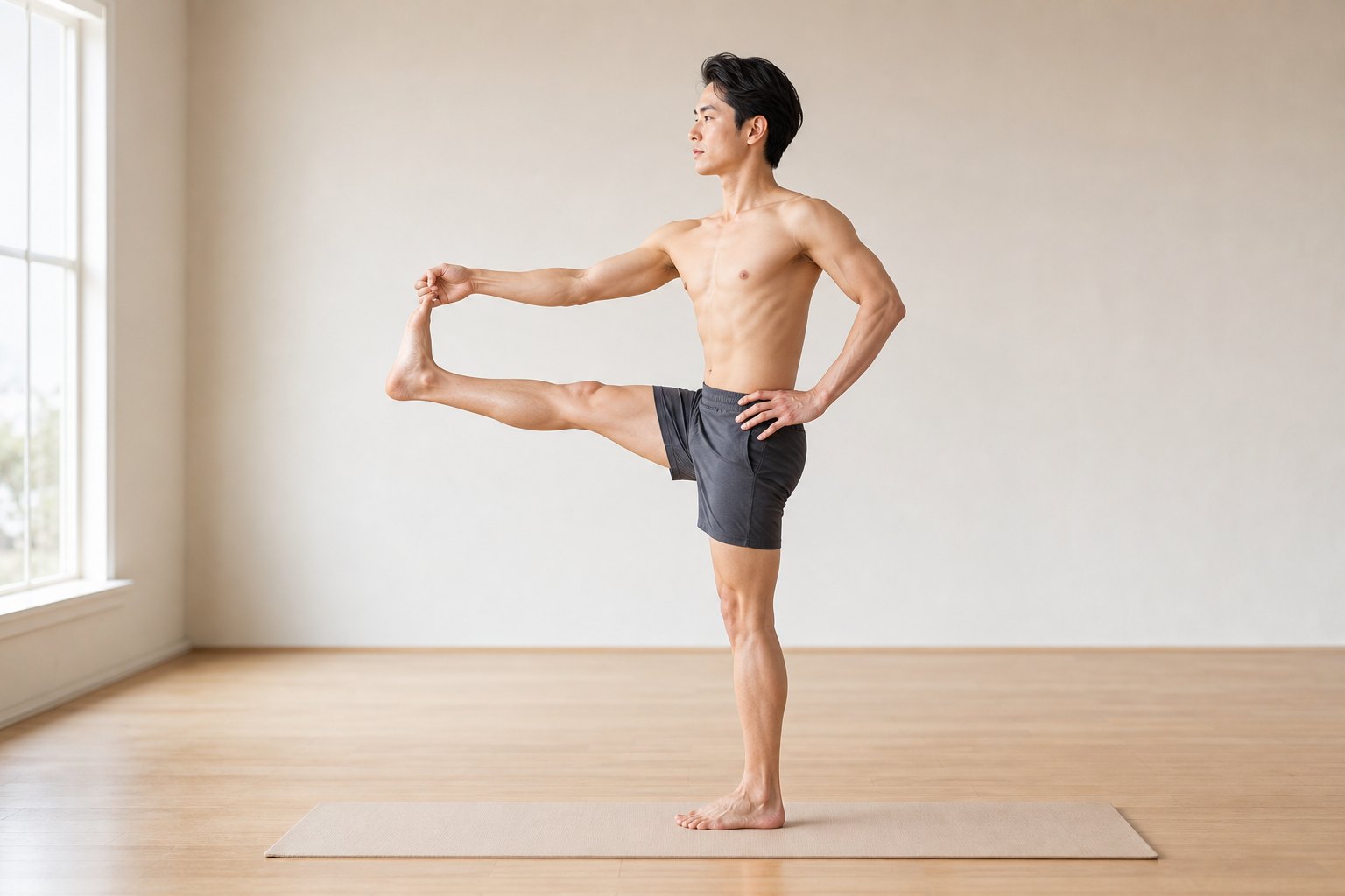 手を伸ばして足の親指をつかむポーズの変形の完成形 (男性)