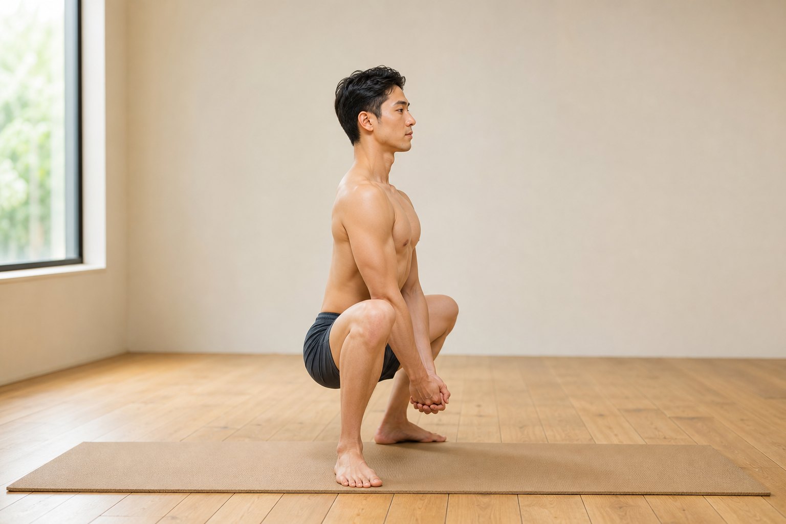 ウッターナーサナ (スクワットから立ち上がるポーズ) の完成形 (男性)