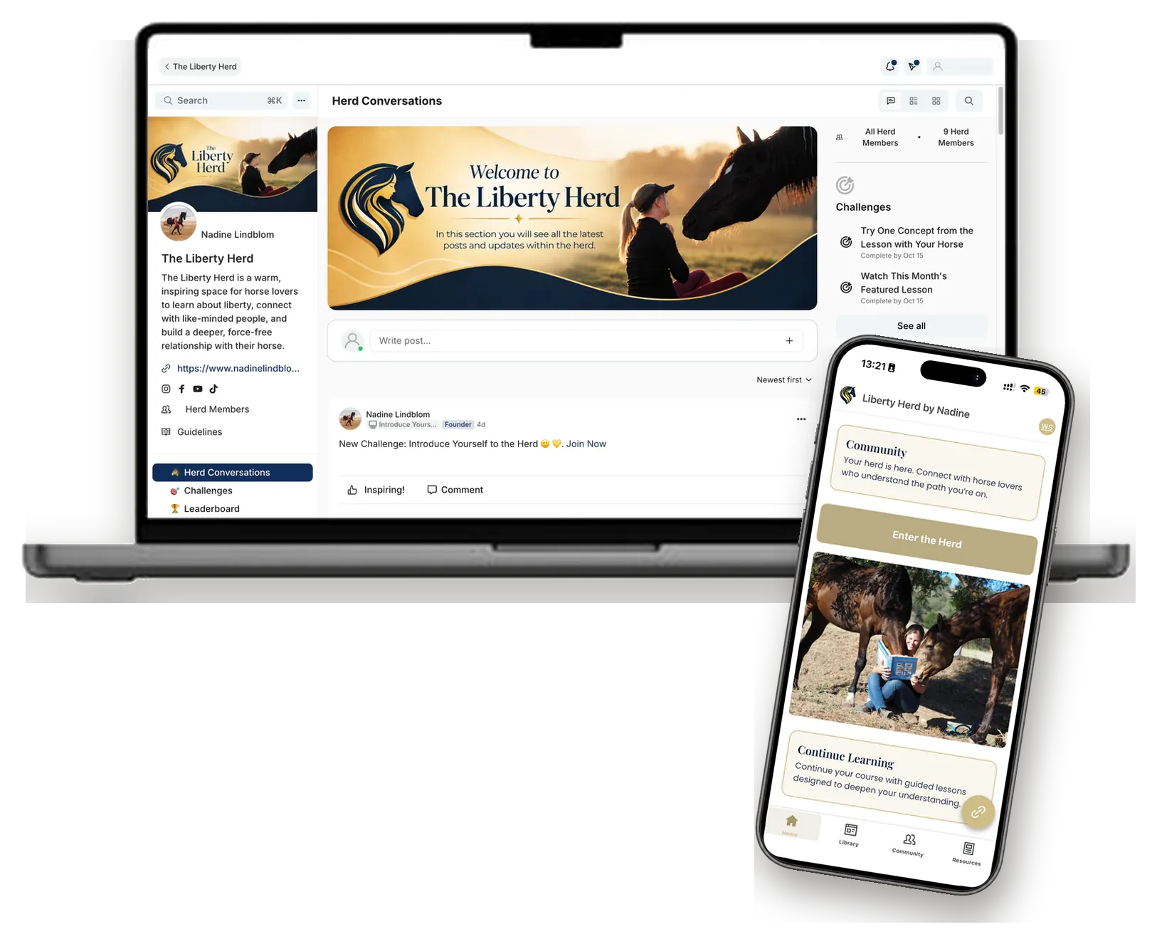 A laptop and phone showing The Liberty Herd: the Herd Conversations feed with its welcome banner, Nadine's profile and a Challenges panel, and the app's Community screen with an Enter the Herd button