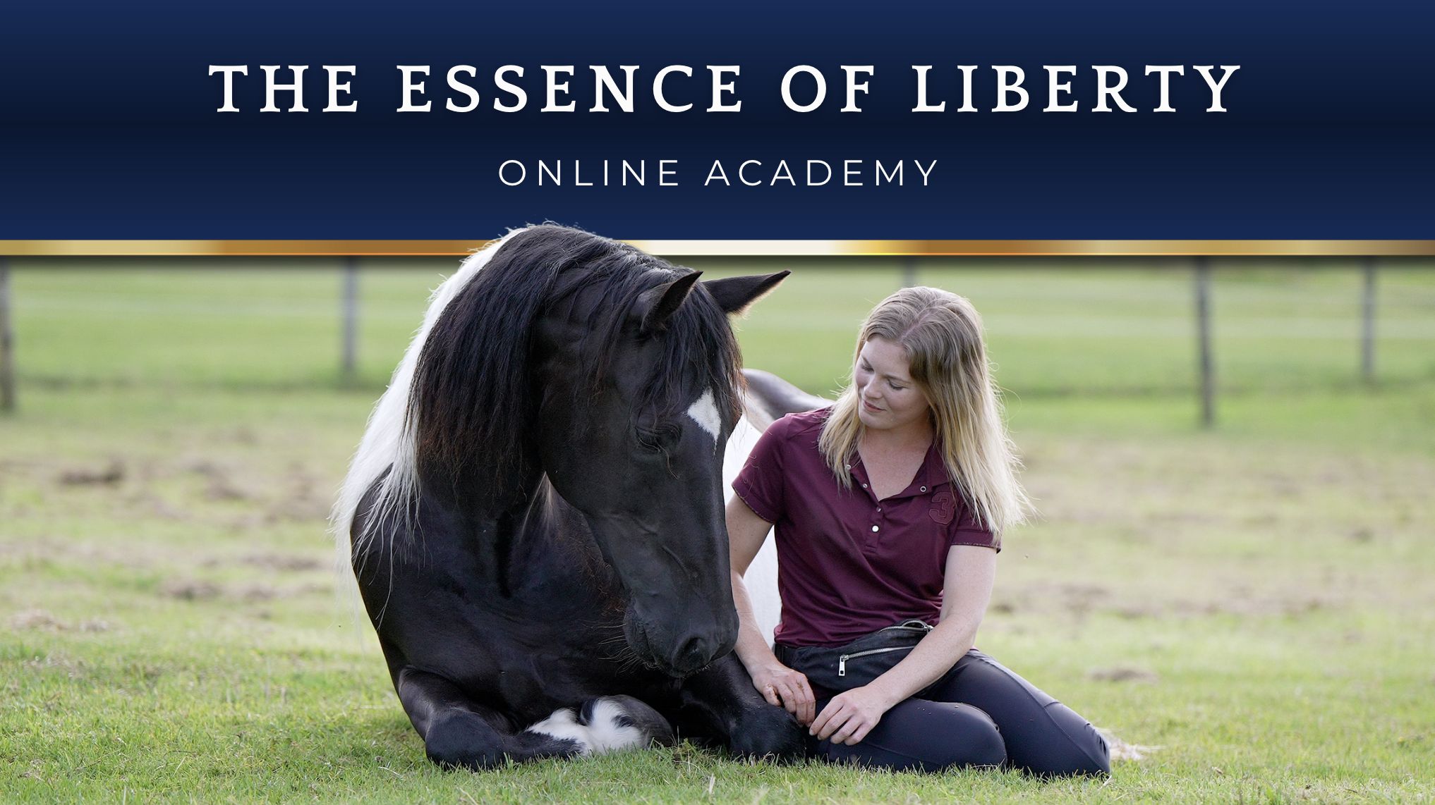 The Essence of Liberty Online Academy, over a photo of Nadine sitting on the grass beside her piebald horse lying down in a field