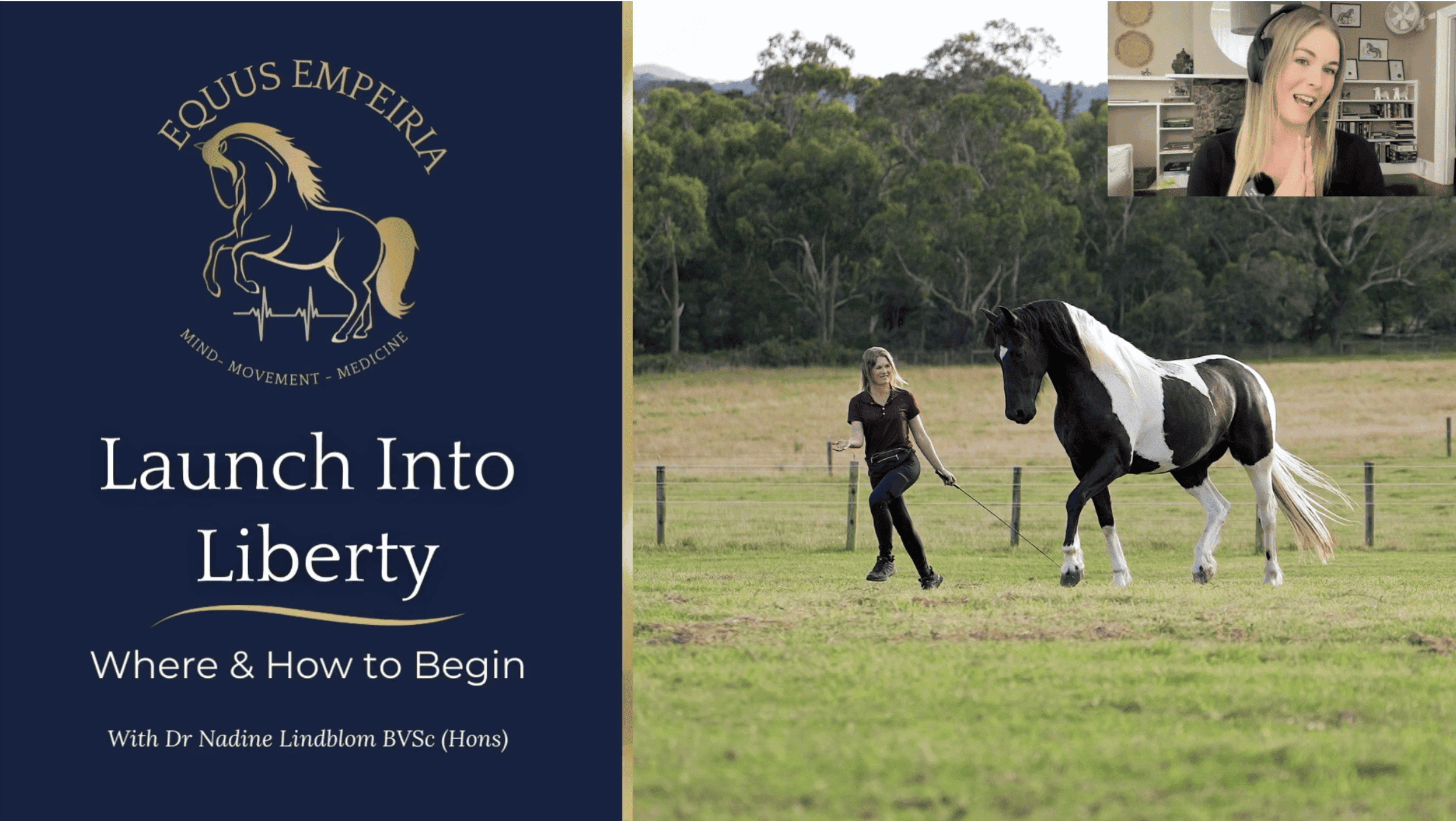The Launch Into Liberty course card, the Equus Empeiria logo beside a lesson clip of Nadine walking a piebald horse at liberty