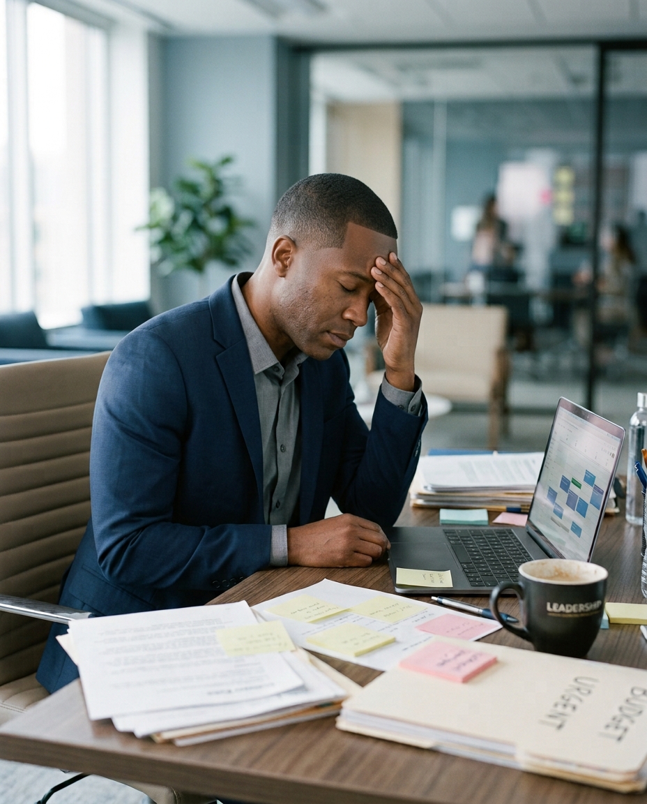 Leader overwhelmed at desk