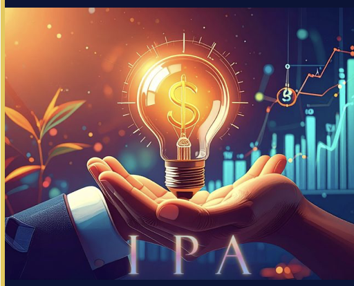A glowing lightbulb with a dollar sign held in an open hand in front of rising market charts, with the letters IPA