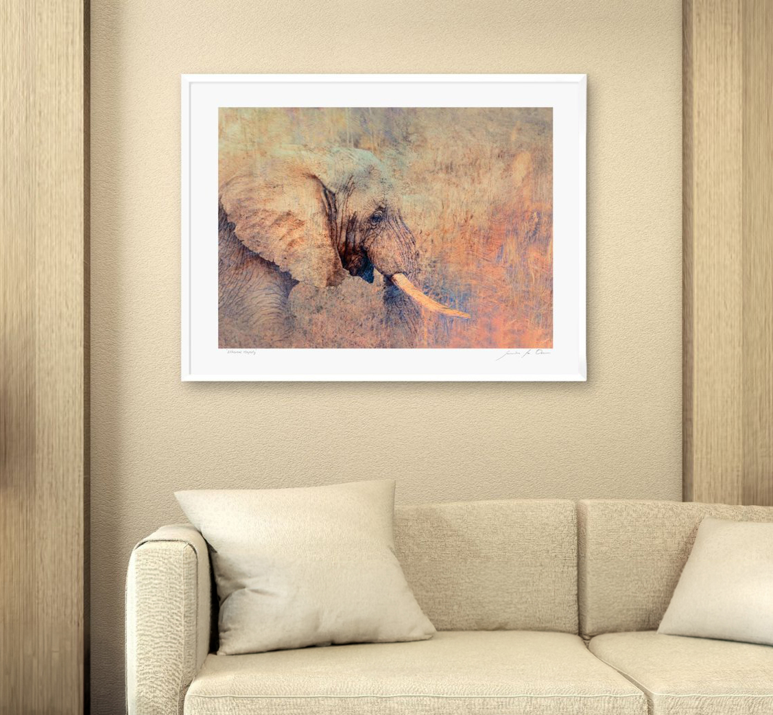 Ethereal Majesty, a framed elephant artwork hanging above a cream sofa