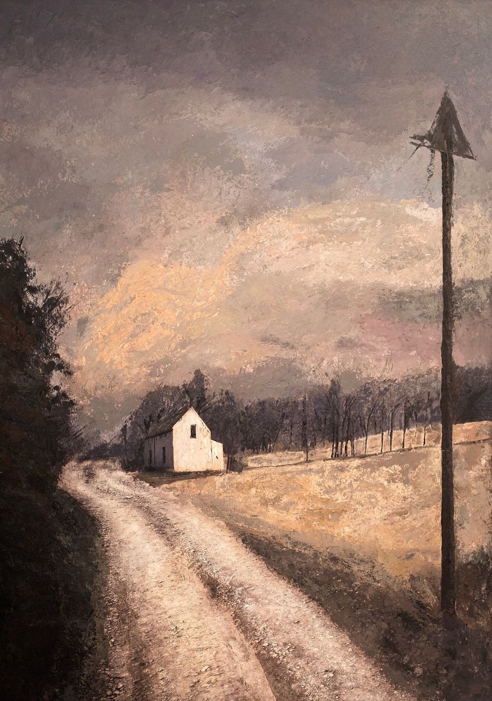 Twilight Hues on Country Lane, a painting of a dirt lane and a small cottage in soft evening light, by Martin Osner