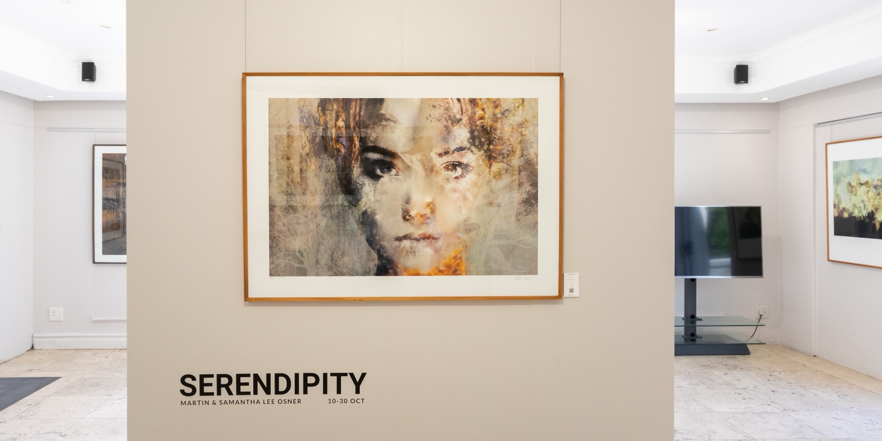 The Osner gallery hung for the Serendipity exhibition, a large portrait artwork on a freestanding wall with the show title beneath it.