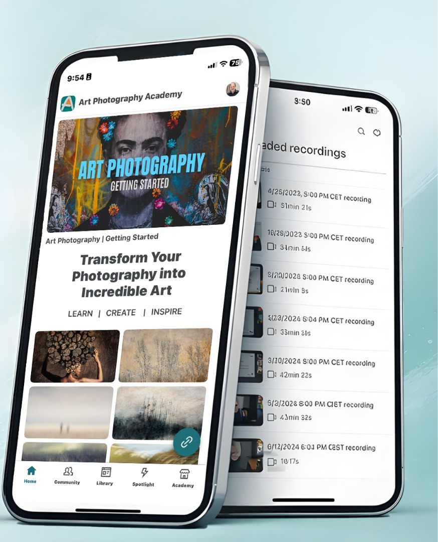 The Art Photography Academy app on two phones, showing the community feed and the Open Mic recordings