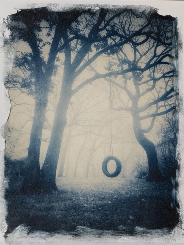 Art photography by Leslie Hoyt, a tyre swing in fog made with the luminance image transfer technique