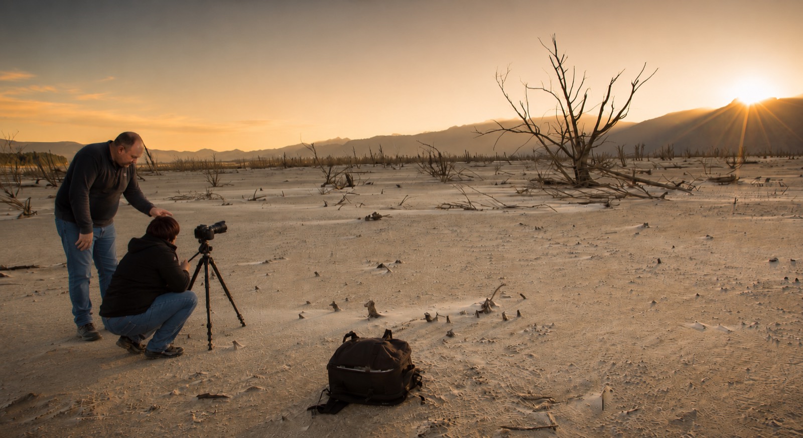 Martin Osner coaching a photographer at a tripod at sunrise among dead trees on a dry pan near Cape Town