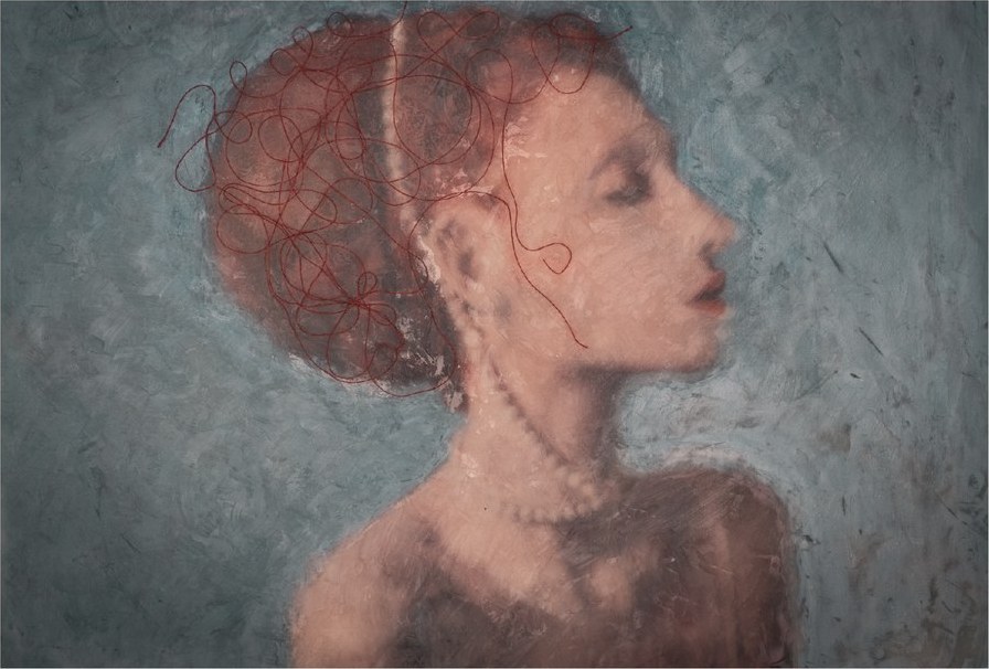 Pale profile portrait under encaustic wax
