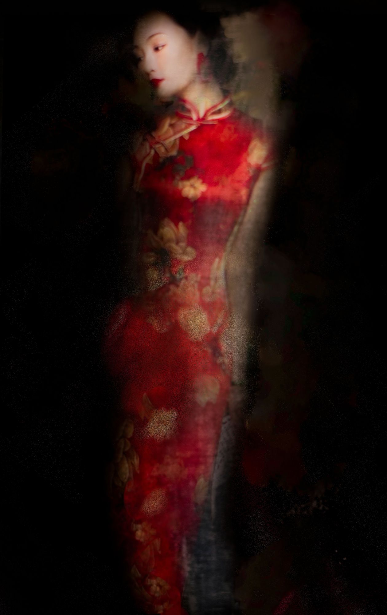 A figure in deep red silk against black, from A Veil of Colour
