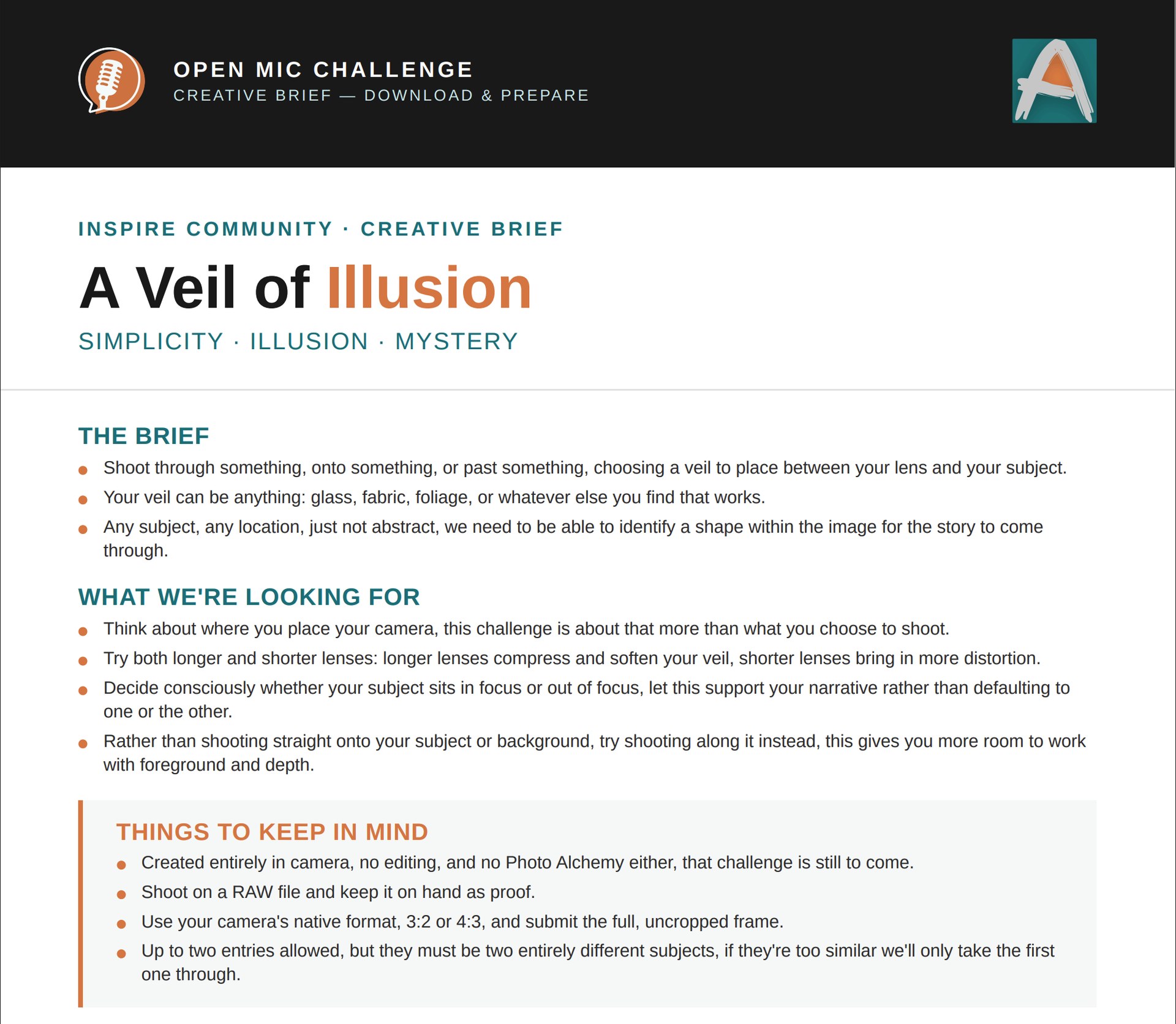 The A Veil of Illusion creative brief document, showing the brief, what we are looking for and things to keep in mind