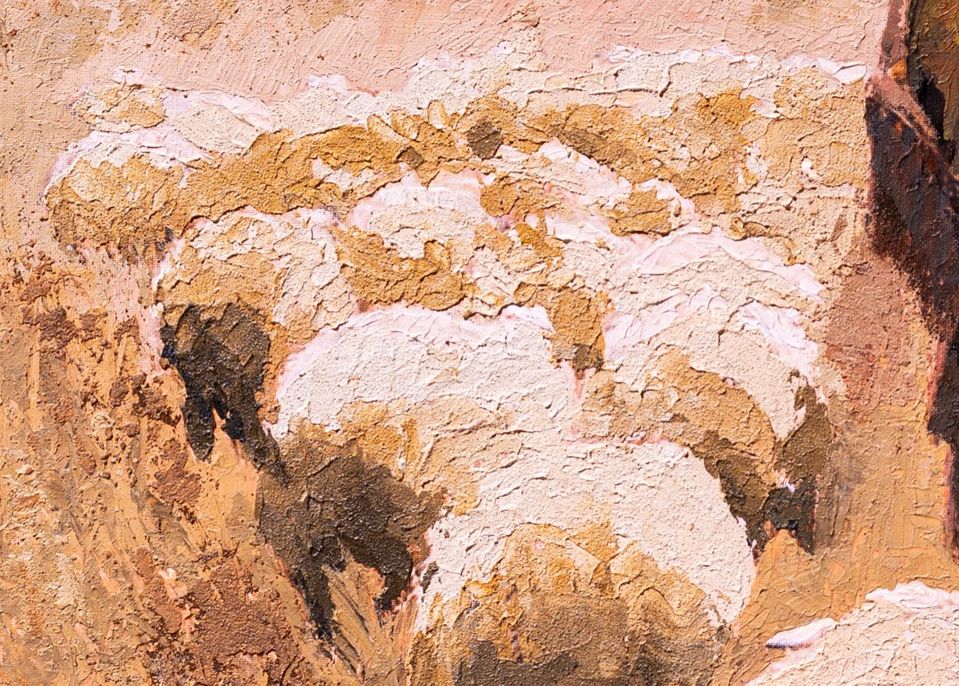 Palette knife impasto painting detail, thick texture paste across the flock