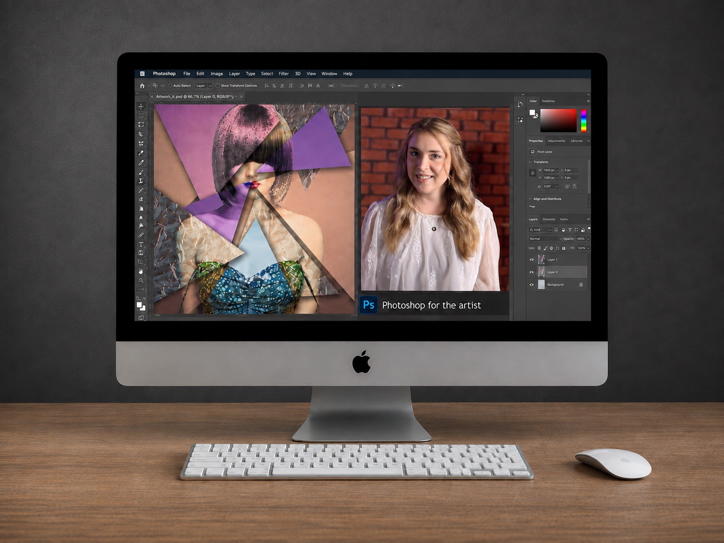 An iMac showing the Photoshop for the Artist course, with an art photograph open in Photoshop and Samantha Lee Osner teaching on screen