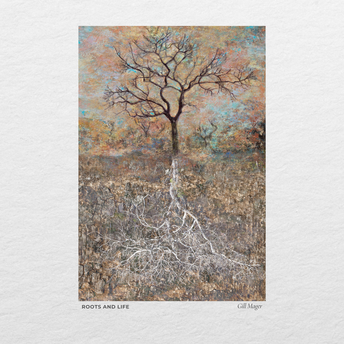 A bare tree with its roots drawn beneath it