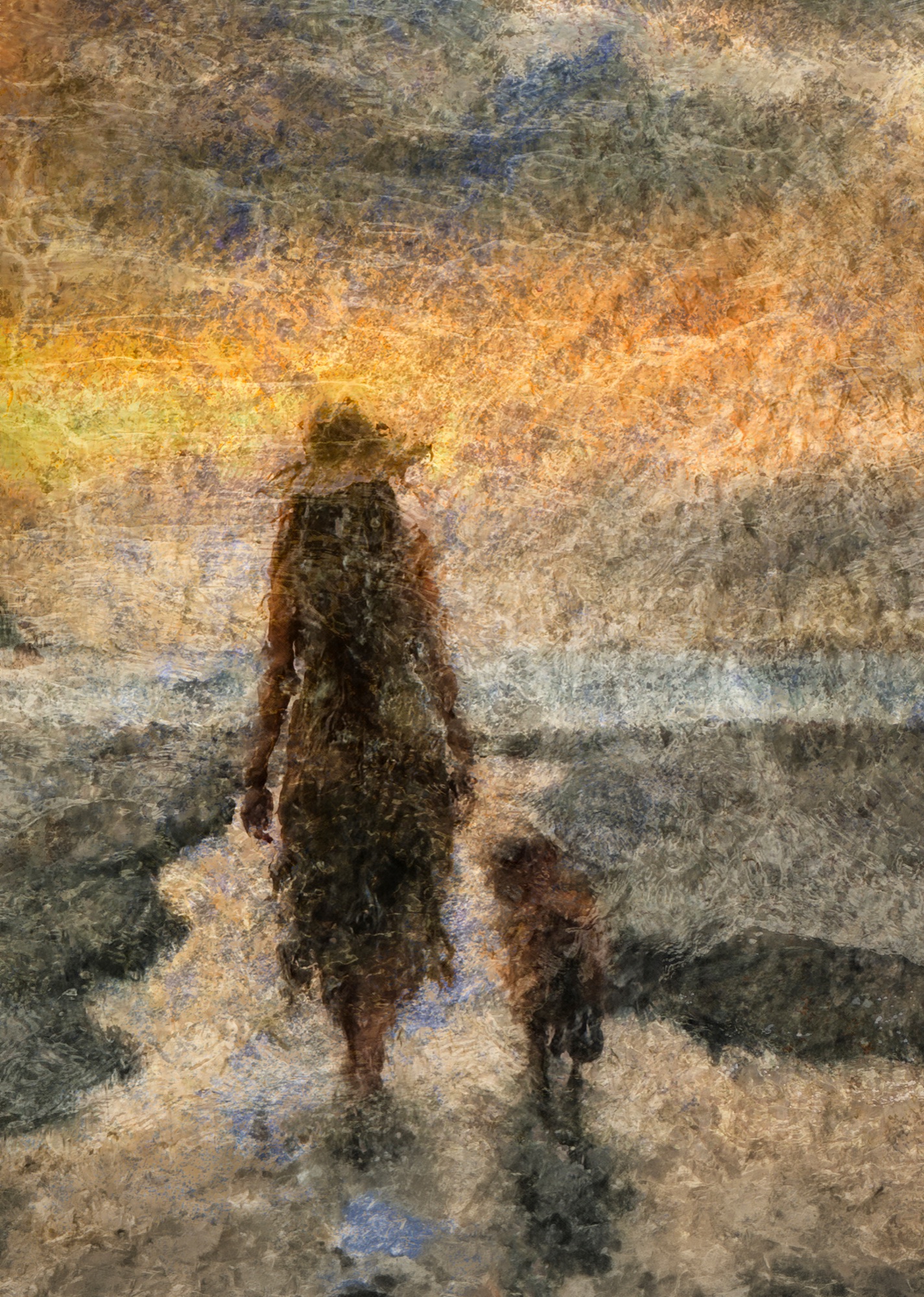 Forever Boundless by Paulina Rodriguez Arango, a woman and her dog walking away along a shoreline at sunset, in a textured, painterly style