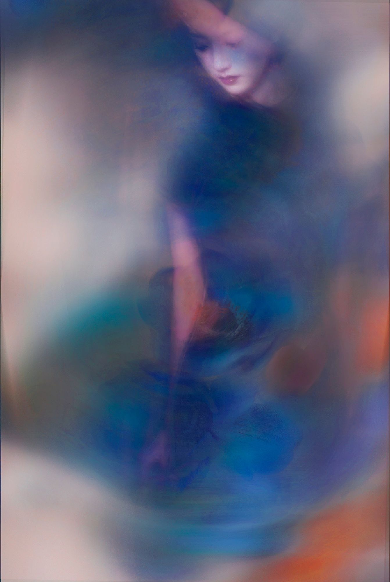 Cobalt and coral washing across a turned face, from A Veil of Colour