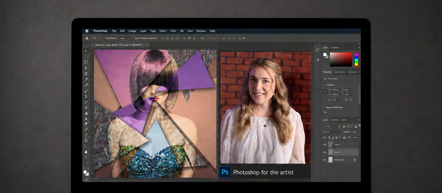 An iMac running Photoshop, a fine art portrait open on the left and Samantha Lee Osner teaching on the right
