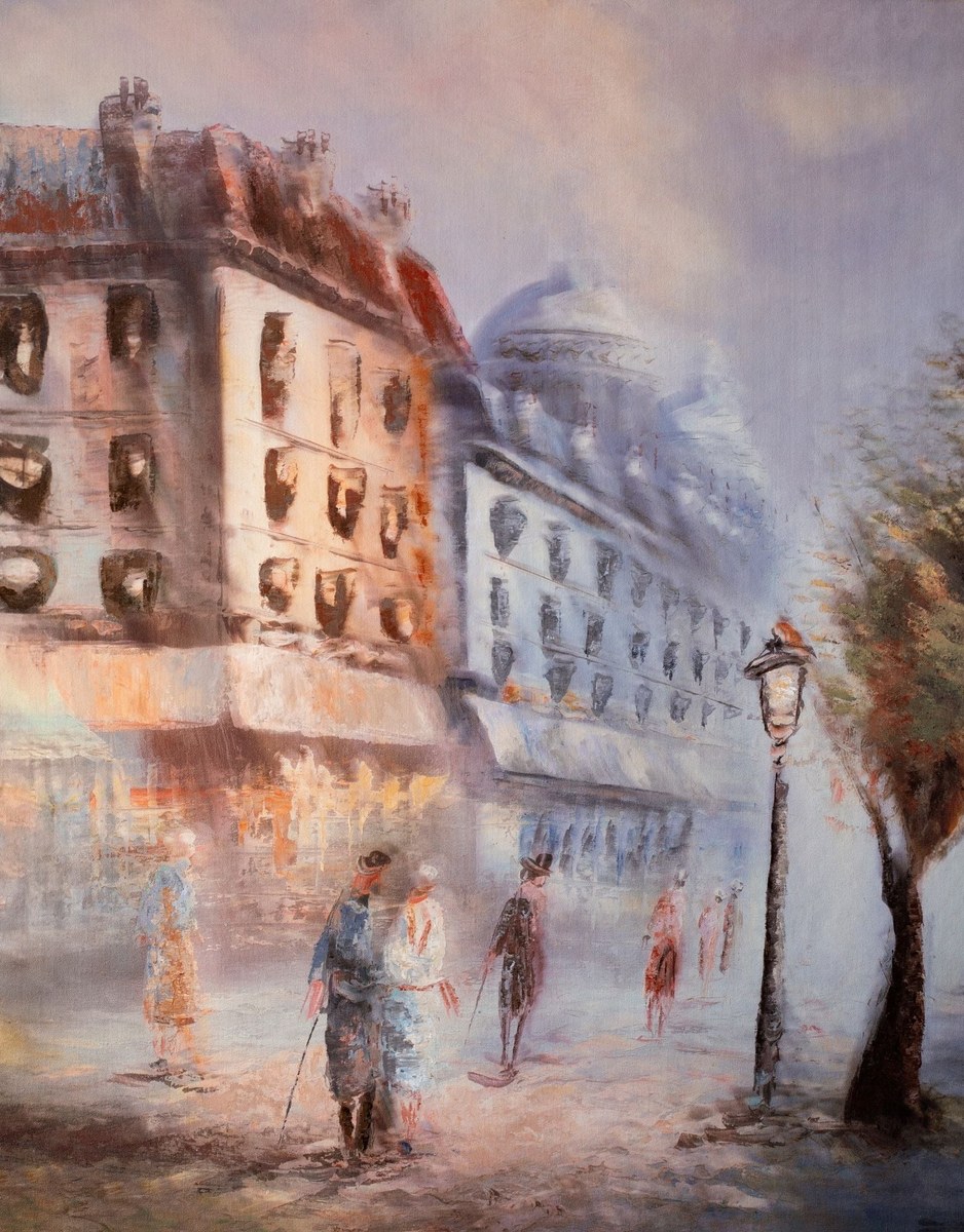 Painterly Paris boulevard with figures and a lamp