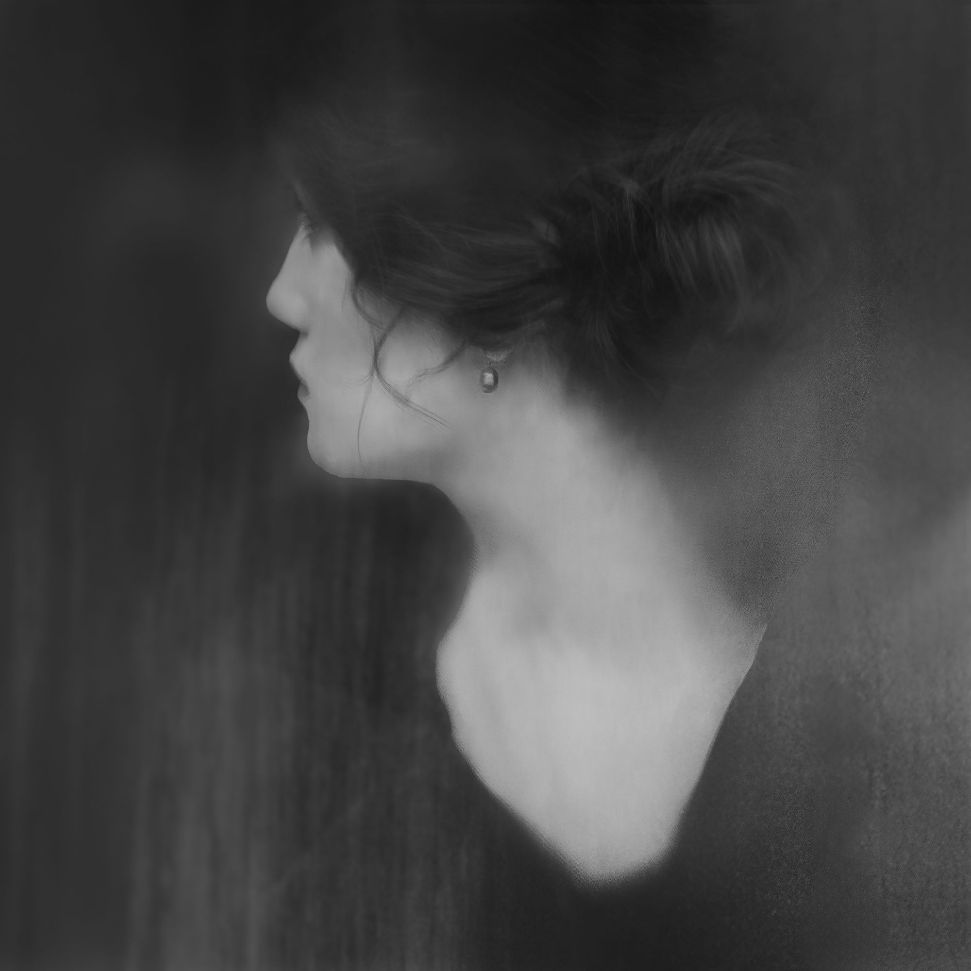 The Veil Between, a back turned figure with a pearl earring and swept hair