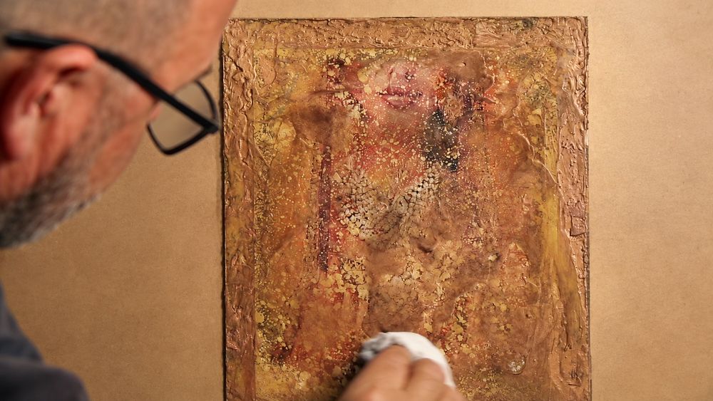 Photograph under encaustic wax and an oil wash