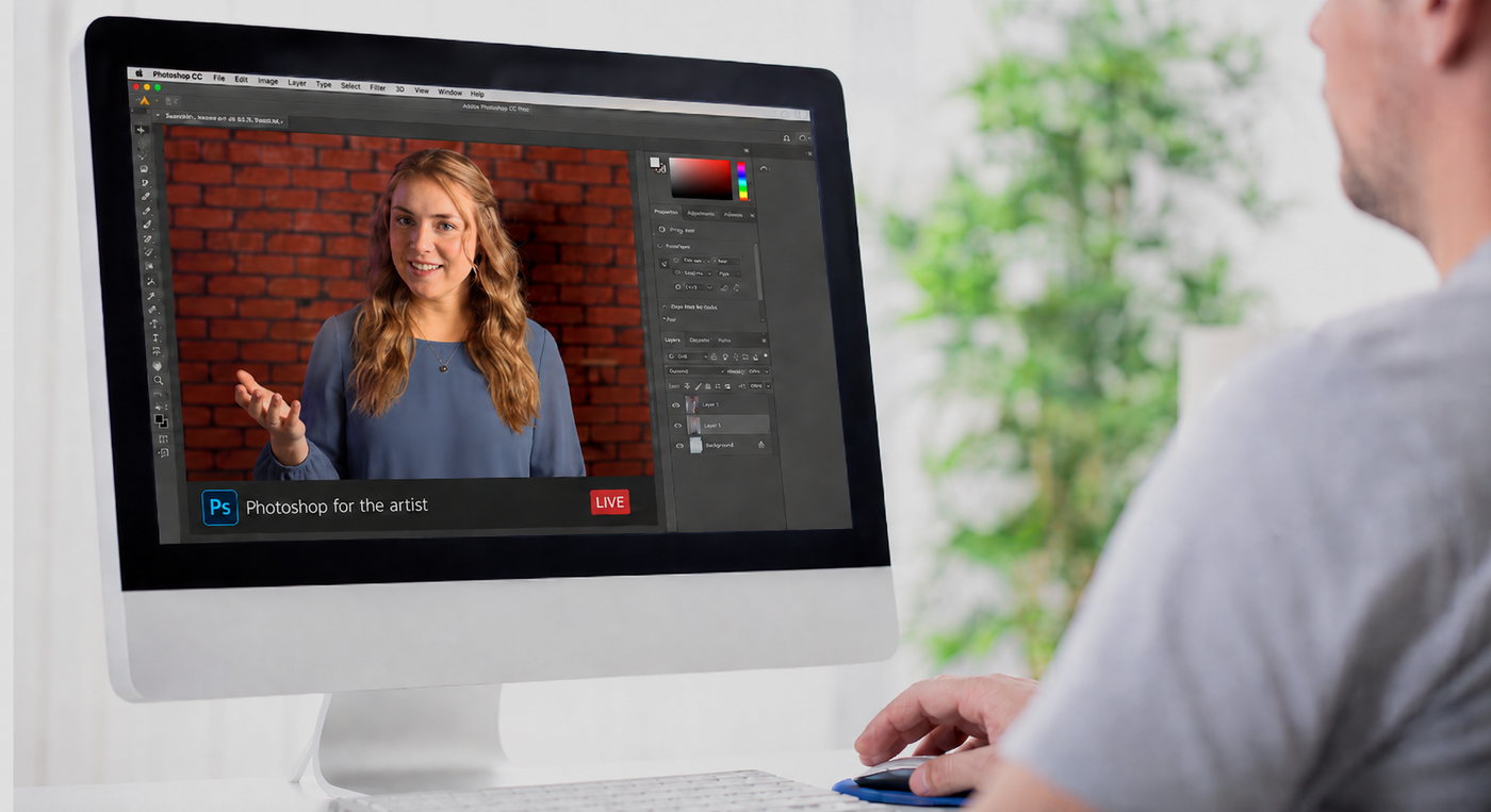 A student following Samantha Lee Osner in a live one to one Photoshop lesson on screen