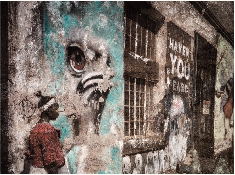 Street mural and figure, photo transfer with silver leaf