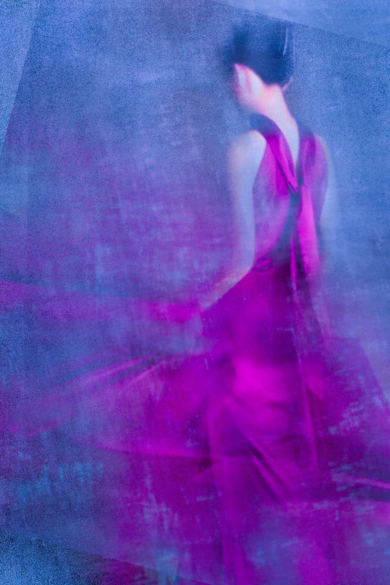 A figure in a flowing gown dissolving into magenta and cobalt, from A Veil of Colour