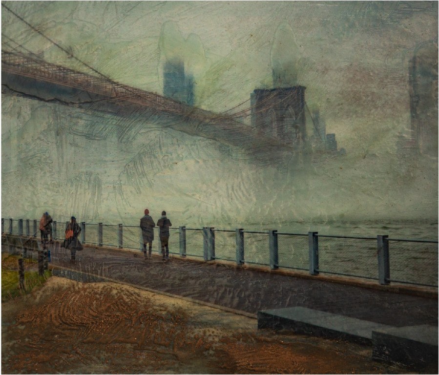 Figures on a misty bridge walkway, encaustic medium